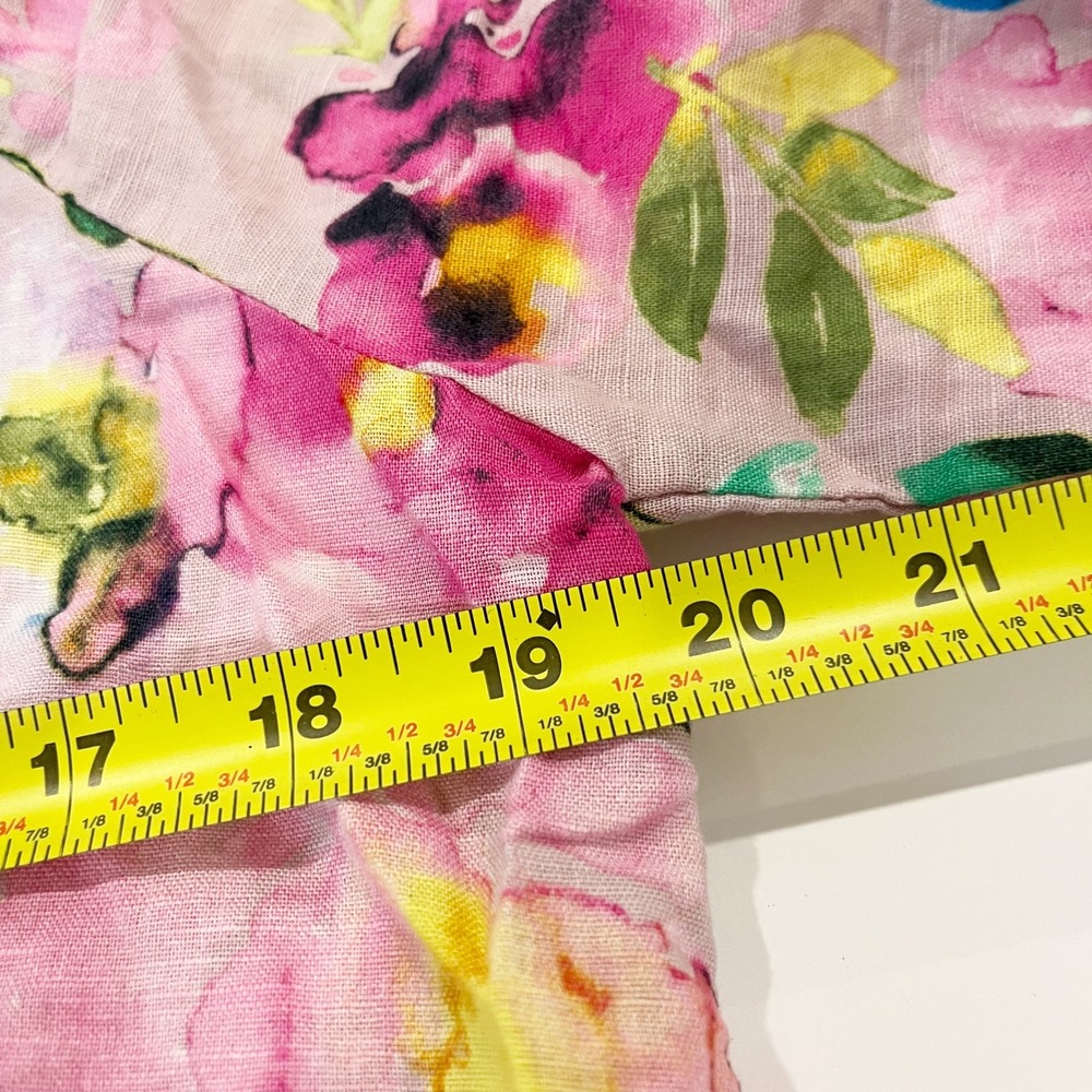 Hester & Orchard Floral Linen Blend Blouse XL Pink Watercolor Ruffle V-Neck Top - Picture 5 of 7